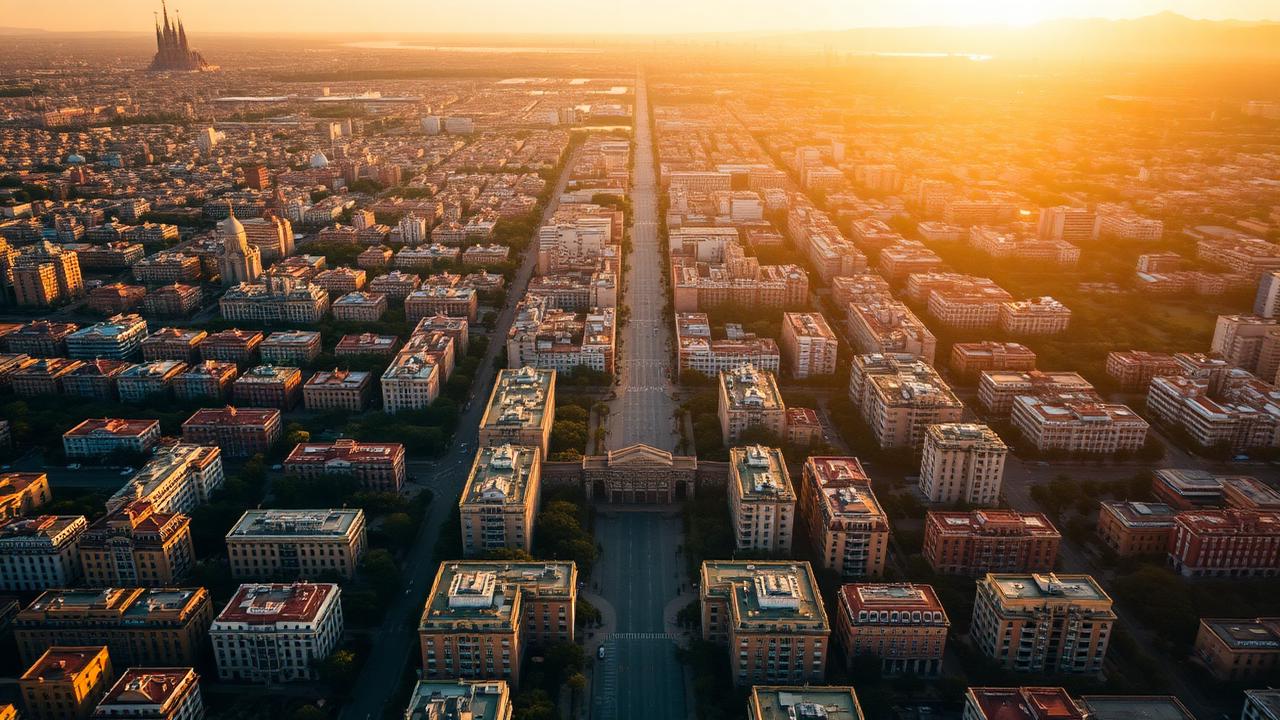 Aerial view of Eixample Barcelona's iconic grid layout at golden hour