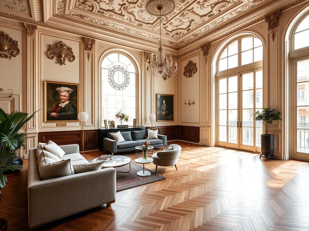Luxury modernist apartment interior with high ornate ceilings and herringbone floors in Eixample Barcelona